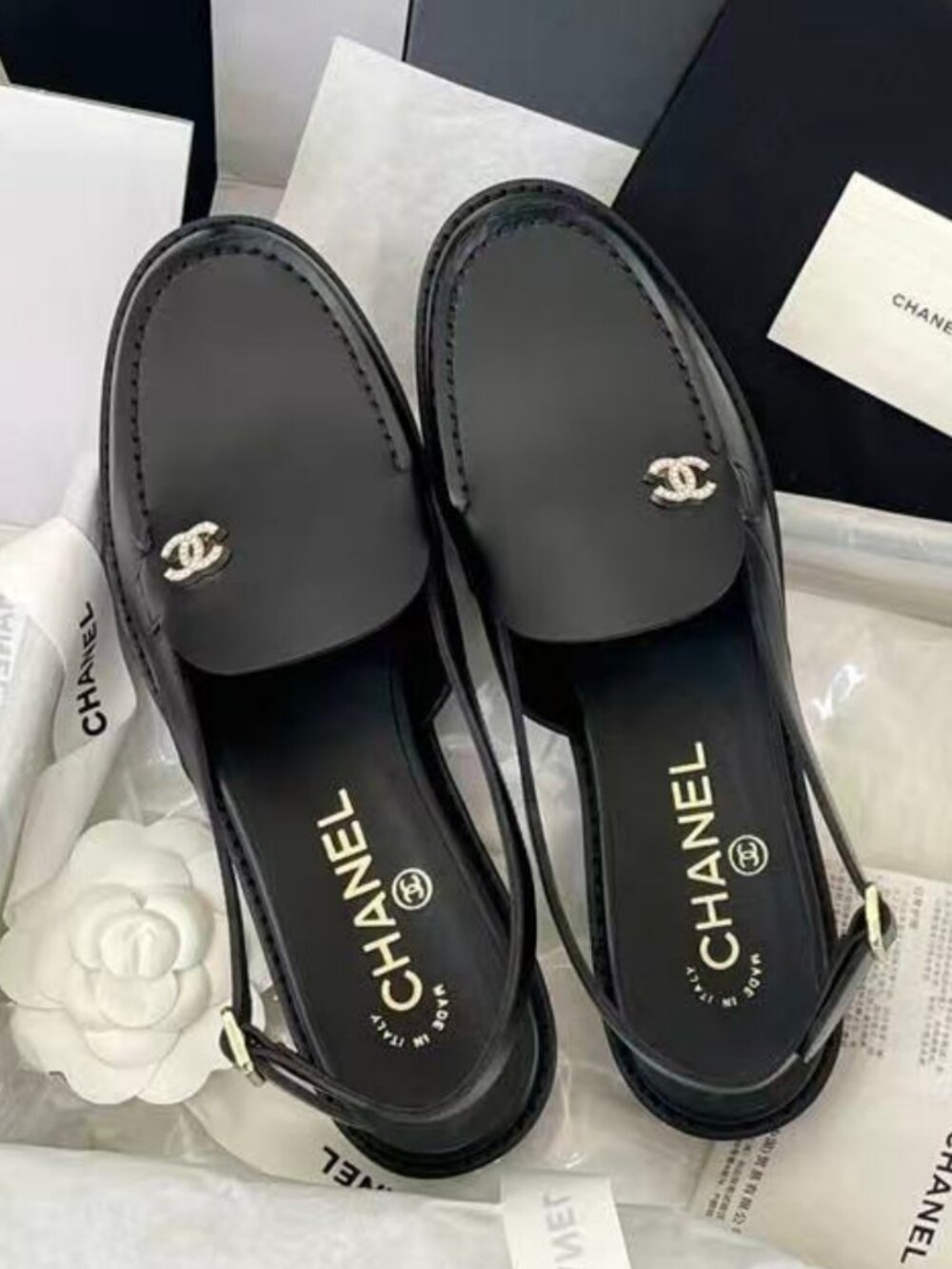 Chanel Black Leather CC Logo Slingback Loafers